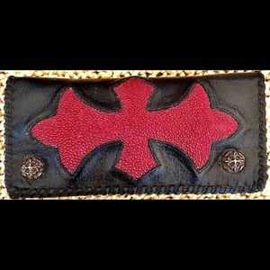 Genuine Stingray & Leather Hand-Braided Biker Wallet - Iron Cross - Red/Black